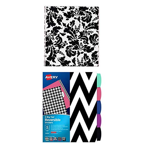 Avery Durable View Binder with 1 Round Rings, Damask (26747) with Avery 5 Tab Reversible Fashion Binder Dividers, Assorted Designs, Big Tabs, 1 Set (24914)