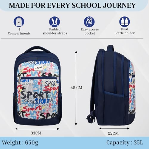 Image of F Gear Arashi Black 35L School Backpack|4 Compartments, 1 Front Pocket & water Bottle Holders|Laptop Sleeve|Ergonomic, Lightweight & Durable Design|Ideal for School, College, Work, Travel & Daily Use