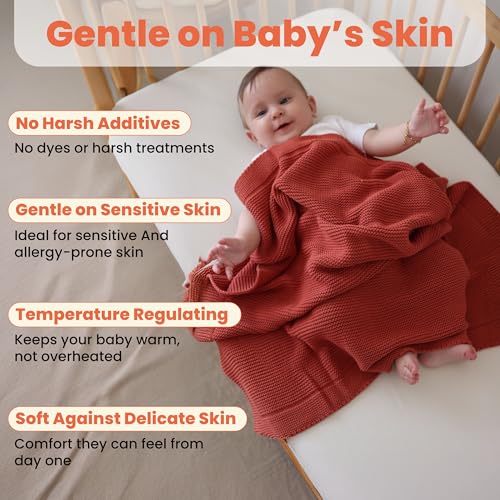 Image of Organic Cotton Baby Blanket 30x40 in, Harvest Pumpkin - GOTS Certified, Soft Knit Swaddle with Gift Box, Breathable Nursery Blanket for Crib & Stroller, Machine Washable