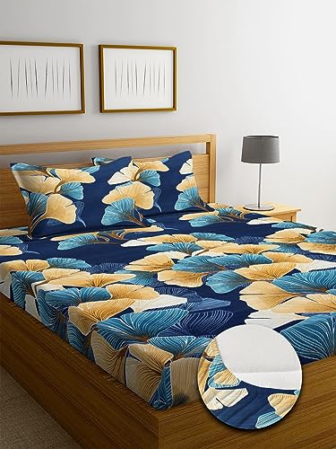 Image of NHD HOME Premium Cotton Elastic Fitted Bedsheets with 2 King Size Pillow Covers | Double Bed with All Around Elastic 220 TC Supersoft |Size-72 King Sizex78+10 inches | Floral, Green and Beige