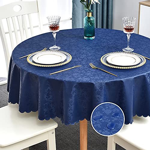 Image of Romanstile Waterproof Vinyl Tablecloth Round, 60 x 60 Inch, Rose Navy Blue