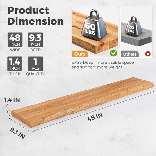 Image of RICHFOCUS Live Edge Elm Floating Shelves - 48 inch W x 9.3 inch D Rustic Solid Wood Wall Shelves with Invisible Bracket, Wall-Mounted for Living Room, Bedroom, Kitchen Storage & Display, Set of 1, Natural