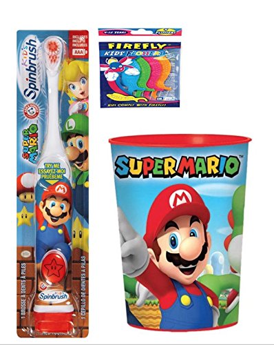 Super Mario Childrens Oral Hygiene Bundle Includes Super Mario Rinsing Cup with Super Mario Powered Toothbrush with Bonus Flossers