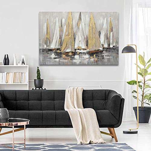 Large Canvas Prints Wall Art Of Boats Picture For Home Decor, Modern Coastal Ocean Landscape Oil Painting In 3D Hand Painted With Gold Foil For Living Room, Bedroom, Ready To Hang #TOP2