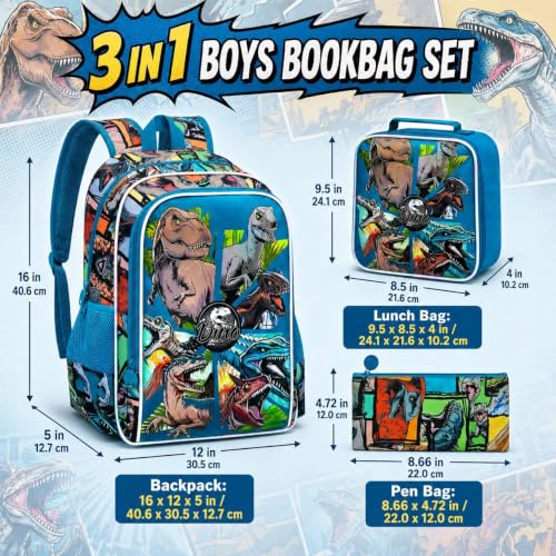 Image of 3PCS Dinosaur Backpack for Boys, 16 Inch Kids Water Resistant Preschool Elementary Kindergarten Bookbags and Lunch Box | Kids