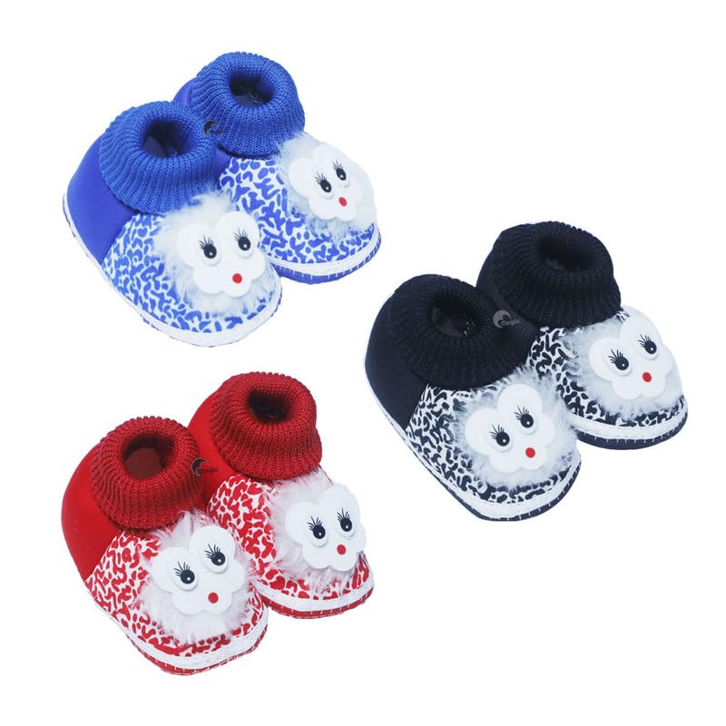 Unisex Baby Booties for 0–12 Months |Cotton Anti-Slip Soft Sole Shoes| Cute Cartoon Printed Velcro Booties| Crochet & Cotton Footwear Combo | Newborn Baccha Juto | Fancy Shoes | Pack of 3