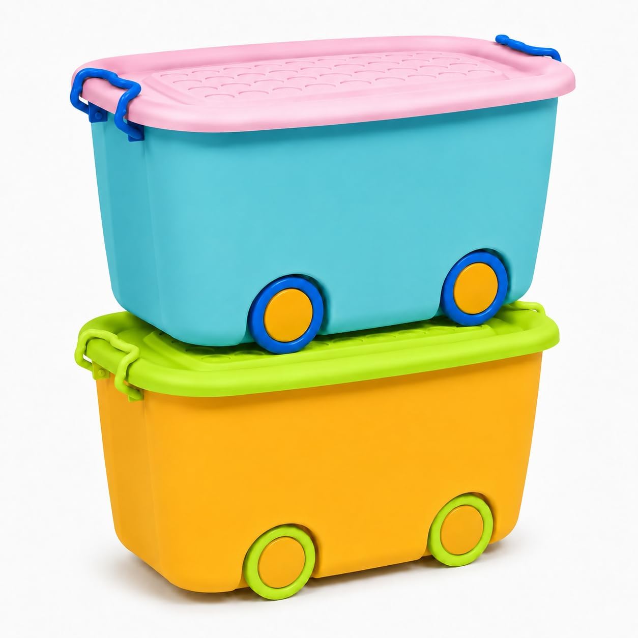 STAR WORK 25 Liters/Toy Storage Organiser/Toy Basket Storage for Kids/Toy Basket Storage Box for Kids Big Size (Pack Of 2 / Stackable/Wheels/Locking Lid & Handle Color may vary)