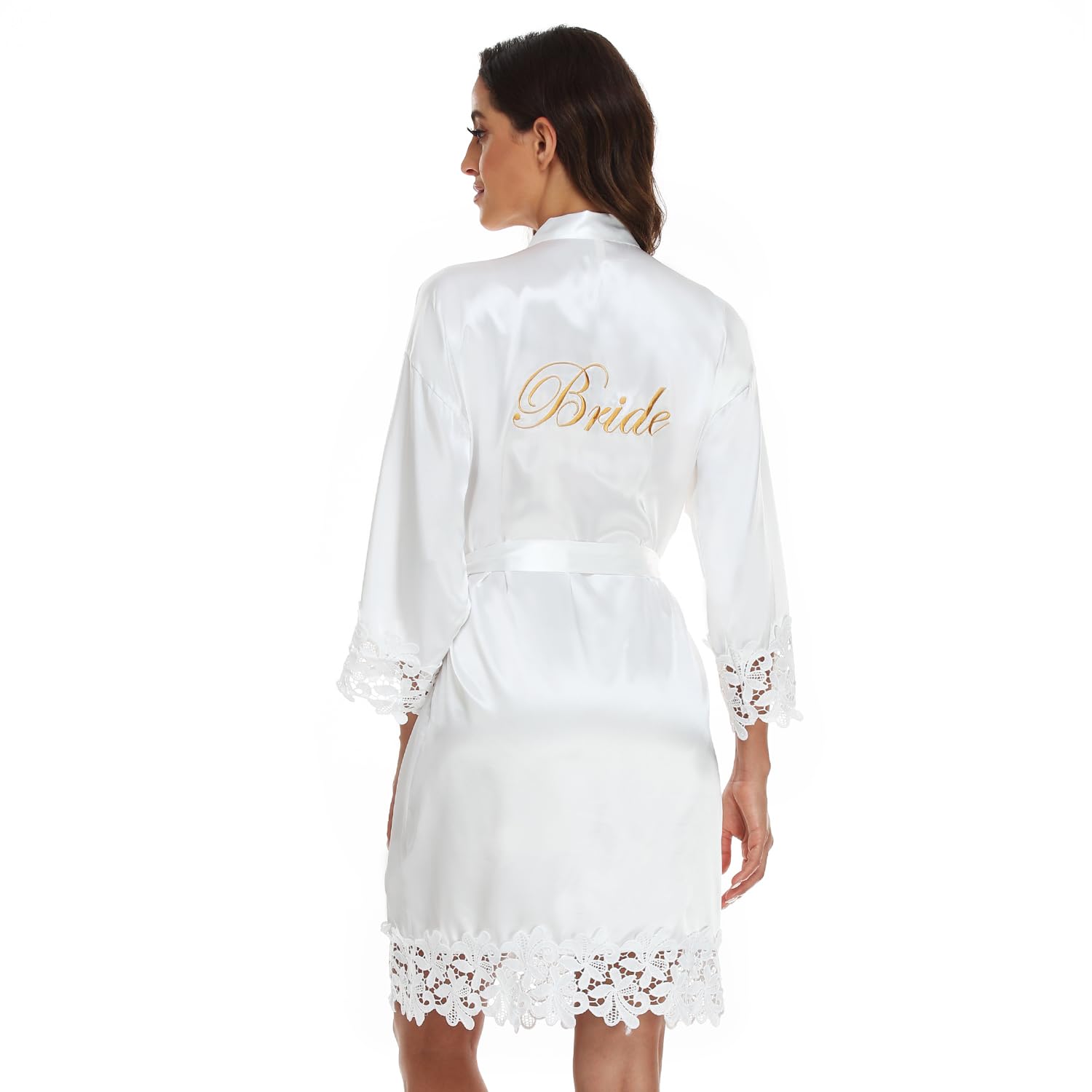 Teemie Bata Mujer Verano Corto Novia Kimono Satén Dama De Honor Seda Albornoz Vestido Cuello En V Sexy Camisón Suave Encaje Pijama Ropa De Dormir Cómodo Saten Ducha Boda Fiesta