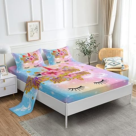 BDUCOK 4 Pieces Unicorn Sheet Set Full Size,Color Unicorn Fitted Bed Sheet for Kids Girls Cartoon Unicorn Bedding Soft Microfiber All-Round Elastic Pocket Fitted Sheet(Unicorn Sheet 3003-Full) Cover