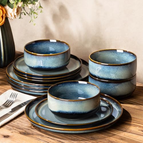 Image of TheTerra Ceramic Dinnerware Set for 4, 12-Piece Plates and Bowls Set
