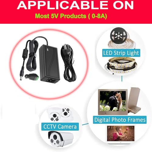 Image of Power Supply, 5V Power Transformers, AC 100-240V to DC 5V 8A Power Supply LED Adapter, 40 Watt Max, for LED Strip Neon Rope String Lights, Computer Project, Recorder, TV Screen