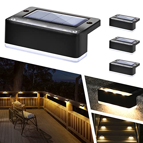 Solpex Solar-Stufenlichter, 4 Stück, Solar-Außenleuchten für Zaun, IP65 wasserdicht, solarbetriebene LED-Leuchten für Terrasse, Terrasse, Pool, Dekorationen (Warmweiß, schwarz)