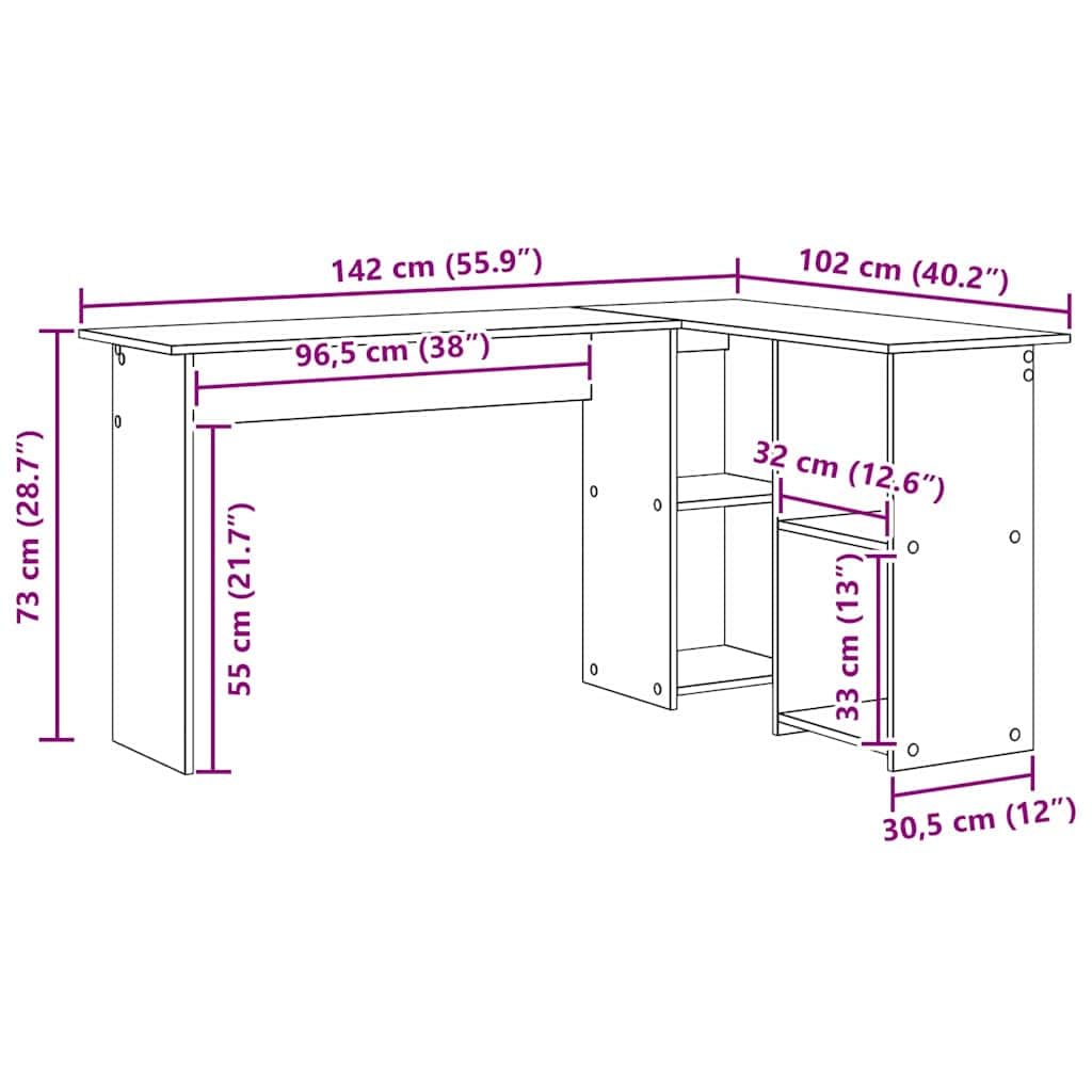 Scrivania in rovere affumicato, 142 x 102 x 73 cm, con ripiano e ripiano, scrivania angolare per computer per casa, ufficio e gaming, grande spazio di archiviazione e comodo spazio di lavoro