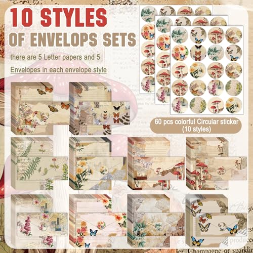 Image of TaoBary 160 Pcs Nature Vintage Stationery Paper and Envelopes Set | 8.5 x 11 '' Letter Writing Kit, 50 Double Sided Stationery Writing Papers 50 Matching Envelopes 60 Round Dot Sticker