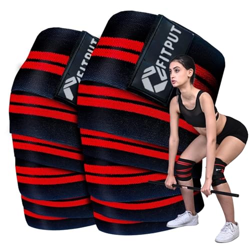 Image of FITPUT Weight Lifting Knee Wraps For Squats (Red /Black 78 Inches - 2PCS) Unisex Knee Bands For Sports Cross Fit Training Gym Workout Knee Support For Men (2 Meters - 1 Pair)