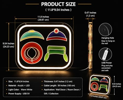 Image of Cute Hat Neon Signs for Wall Decor,11.8*9.5 IN, South LED Signs with Dimmer Switch for Bedroom, USB Power Neon Pork Lights for Gameroom, Party, Birthday Decor and Gifts for Boys and Girls