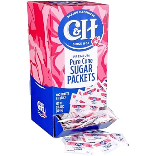 C&H Premium Pure Cane Sugar Packets, 0.10 Ounce (2.8 Gram) NON-GMO Packets, Pack of 400 in Dispenser Box | Non-GMO, Kosher & Gluten-free, Individually Portioned, Easy-dispense Packaging, for Beverages & Foodservice Use