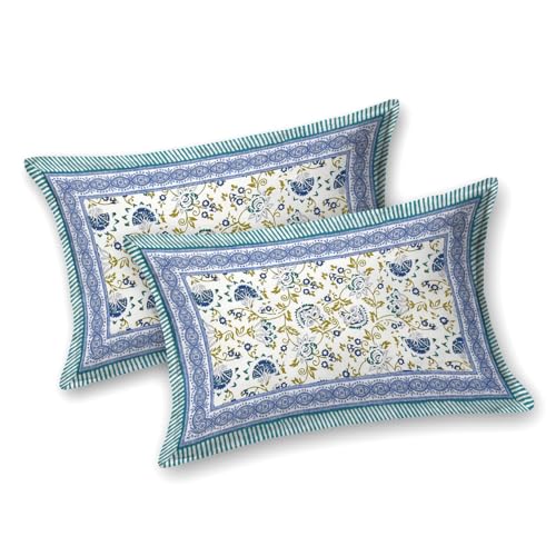 Image of ElanorHomes 240 TC Cotton Double King Size Bedsheet | Ultra-Soft & Skin-Safe | Breathable Summer Comfort | 93x108 inches with 2 Pillow Covers (Blue Shalimar Jaal)