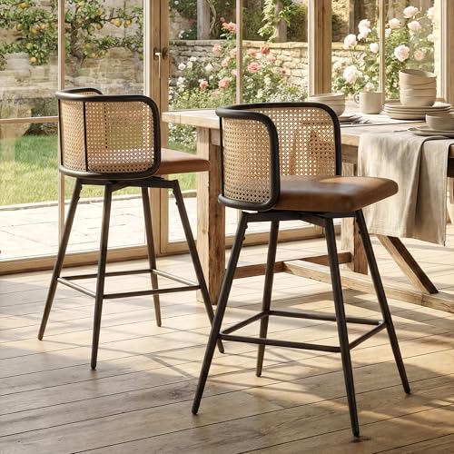 Image of 26 inch Swivel Rattan Bar Stools Set of 2, Counter Height Barstools, Brown | TYBOATLE, Farmhouse, Mid-Century Modern, Rattan Woven Back, Faux Leather Seat, Island, Kitchen