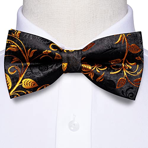 Image of Hi-Tie Pretied Bow Ties for Men Wedding Formal Bow Tie Handkerchief Cufflinks Lapel Pin Set Party Formal Mens Bowtie Set, Black Orange Floral, Medium