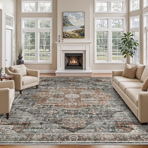 Roxstand Area Rugs 9x12 Living Room, Vintage Soft 9x12 Rug with Non-Slip Backing, Low Pile Stain Resistant Large Washable Area Rug for Dining Room, Bedroom, Office (Grey/Brown/Tan, 9'x12')