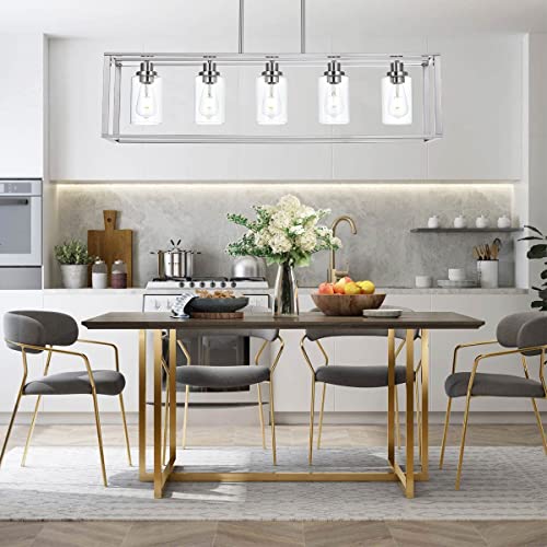 VINLUZ 5 Light Industrial Modern Dining Room Chandelier in Brushed Nickel Finish with Clear Glass Shade Classic Pendant Island Lighting Fixture for Living Room Bedroom - Image 3