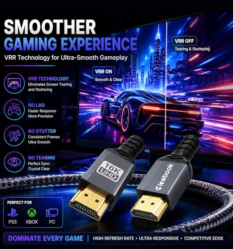 Image of 16K HDMI to HDMI 2.2 Cable 3FT, 96Gbps Ultra High Speed, 8K@240Hz, 4K@480Hz, eARC, VRR, Braided HDMI Cord with Gold-Plated Connectors for PS5, Xbox, Gaming PC, Monitor & TV
