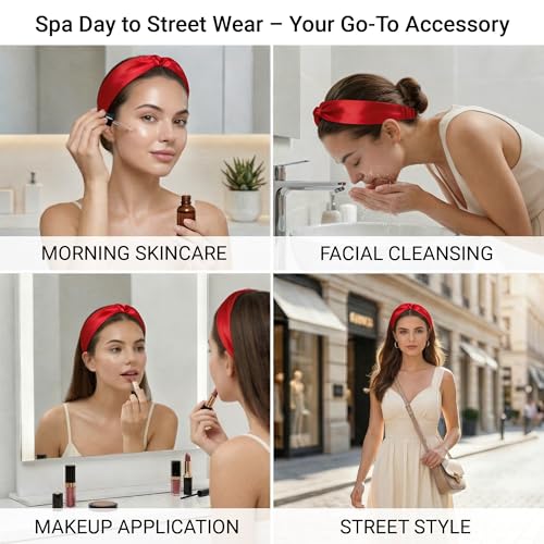 Image of ZLYC Mulberry Silk Headband for Women's Hair Elastic Hairband, Solid Red
