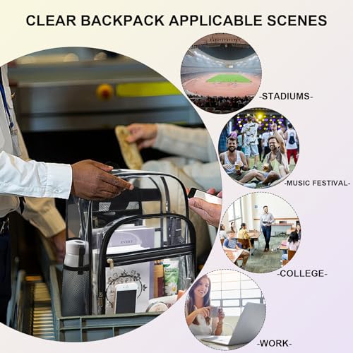 Image of gdbis Clear Backpack Heavy Duty, 17 inch Large PVC Transparent Bag with Reinforced Strap Stitches and Laptop Sleeve See Through Casual Backpack for Work Concert Travel Security - Black