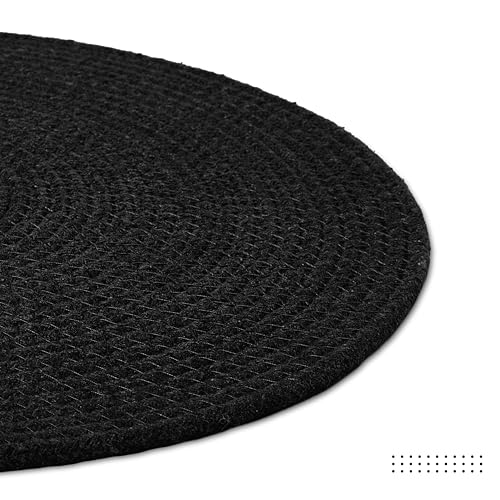 Image of Dining Table Mats Set of 4 | Cotton Table Mat 32 cm Diameter, Encasa XO Washable Round Table Mats, Heat Resistance Dining Table Placemats, Handmade Ribbed Style for Centre Table, Black