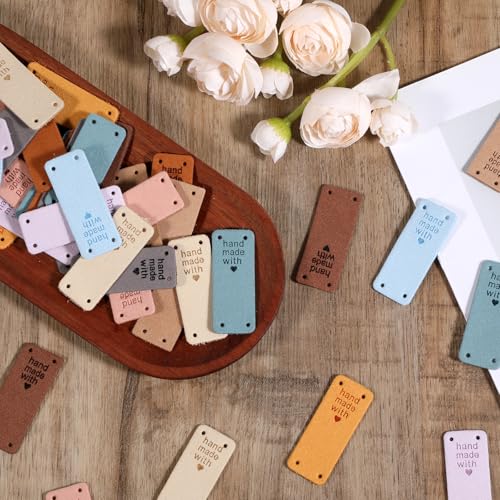 Jeffdad 50 Pcs PU Leather Tags for Handmade Items, Handmade with Love Labels Faux Leather Labels Crochet Tags Embossed Sew on Tag Crochet Knit for DIY Jeans Bags Shoes Hat Clothes