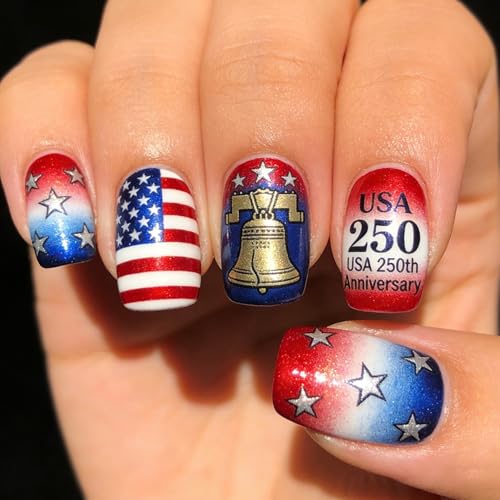 Independence Day Patriotic Press on Nails 250th Anniversary Fake Nails Red Blue White Gradient Nail Press Ons with Pentagram USA Flag Design Short Square Stick on Nails for Women Girls 24 Pcs