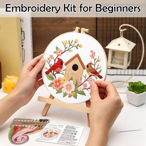 Image of Louise Maelys Cardinal Birdhouse Flowers Embroidery Kit for Beginners