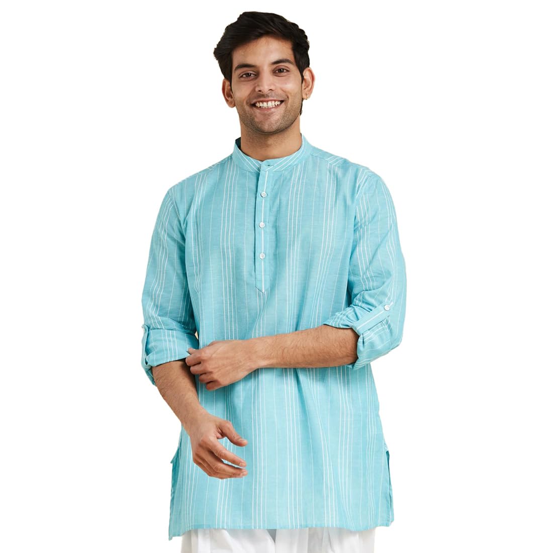 fabindia Blue Cotton Stripes Short Kurta-picture-32