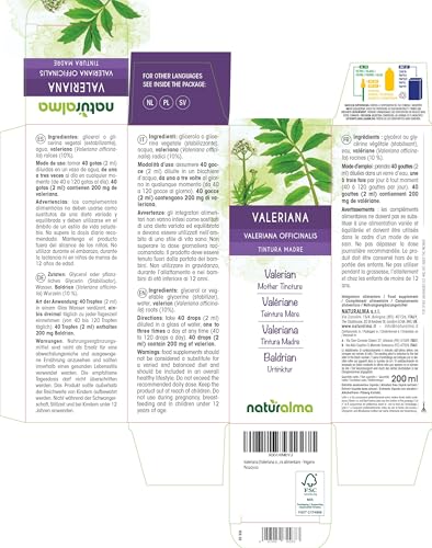 Baldrian (Valeriana officinalis) Wurzeln Alkoholfreier Urtinktur Naturalma - Flüssig-Extrakt Tropfen 200 ml - Nahrungsergänzungsmittel - Veganer