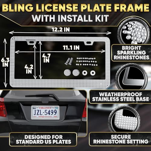 Image of Bling Car Accessories Set 27 Pieces - 14,5-15 inch Silver Steering Wheel Cover, Diamond License Plate Frame, Rhinestone Interior Car Decor, Cup Holders, Hooks, Great Gift for Auto Lovers