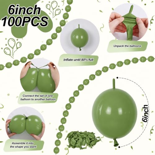 Image of Sage Green Linking Balloons, 100PCS 6 Inch Olive Green Quick Link Balloons | Sage Balloon for Balloons Garland Arch, Fall Thanksgiving Boho Birthday Bridal Baby Shower Wedding Woodland Party Decorations