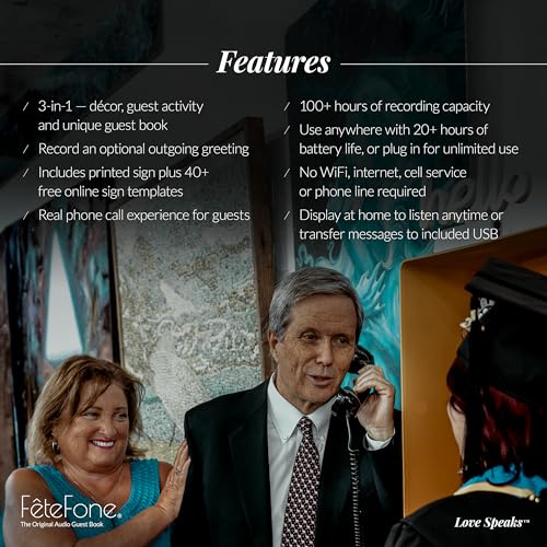 FeteFone The Public Vintage Audio Guest Book Phone, Unique Voicemail Message Recorder, Guestbook Alternative for Wedding, Bridal Shower, Birthday Party, Baby Shower, Anniversary, Engagement, Black