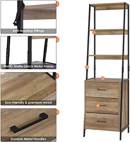 HOMECHO Storage Cabinet, Ladder Shelf with Fabric Drawers, 3 Tier Open Shelves, Accent Ladder Bookcase Bookshelf with Storage Chest, Tall Nightstand Organizer Unit for Home Office, Rustic Brown