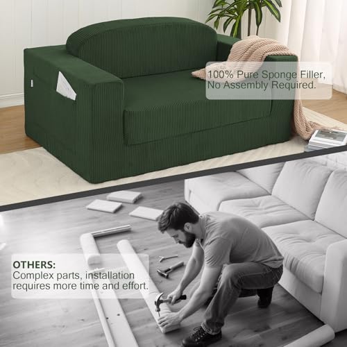 Sofá cama plegable de pana verde para recibir invitados en apartamentos compactos 7