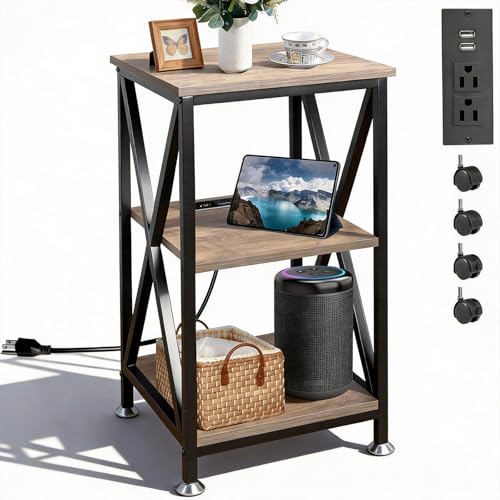 Image of Square End Table with Charging Station, 3-Tier End Table Living Room, 16 inch D X 16 inch W X 28 inch H, Wood and Metal Table with USB Ports and Outlets, Side Table with Wheels for Living Room, Bedroom, Grey