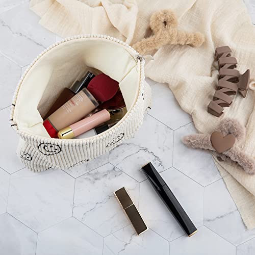 Gutgnk Cosmetic Bags For Women, Cute Smile Face Makeup Bag, Travel Makeup Bag Small Makeup Bag For Purse Organizer Makeup Organizer Aesthetic Stuff,Zippered Corduroy Make Up Bag Makeup Pouch - Beige #TOP4
