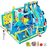 FINCOME Bounce House Double Slides for Kids 3-12, Large Bounce Castle with Air Blower 550W, Pool, Jumping, Climbing, Balls, Ring Toss, Inflatable Water Park for Birthday Party Holiday Outdoor Indoor