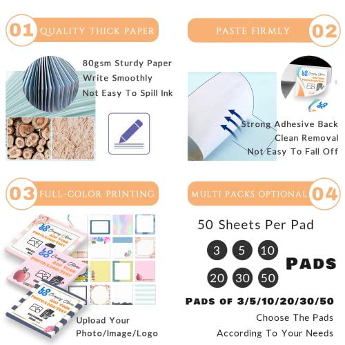 Personalized Sticky Notes with Photo/Logo/Text, 3\" x 3\" Custom Self Sticky Pads, Adhesive Notepad for School Office Business - 3 Pads (50 Sheets/Pad) - Thumbnail 2