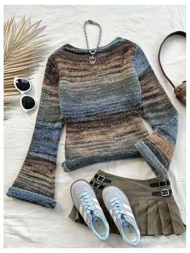 Image of BEAUDRM Women's Colorful Stripe Sweaters Crew Neck Bell Long Sleeve Knitted Pullover Tops Multicolor Small