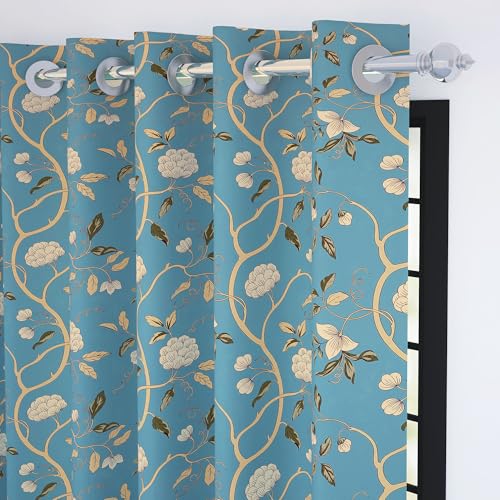 Image of Story@Home Cotton Curtain | Window Curtains 5 Feet Long Set of 2 | Floral Printed | Bohemian Curtain | Room Darkening Curtains for Living Room | (116 X 152 Cm, Blue & Beige)