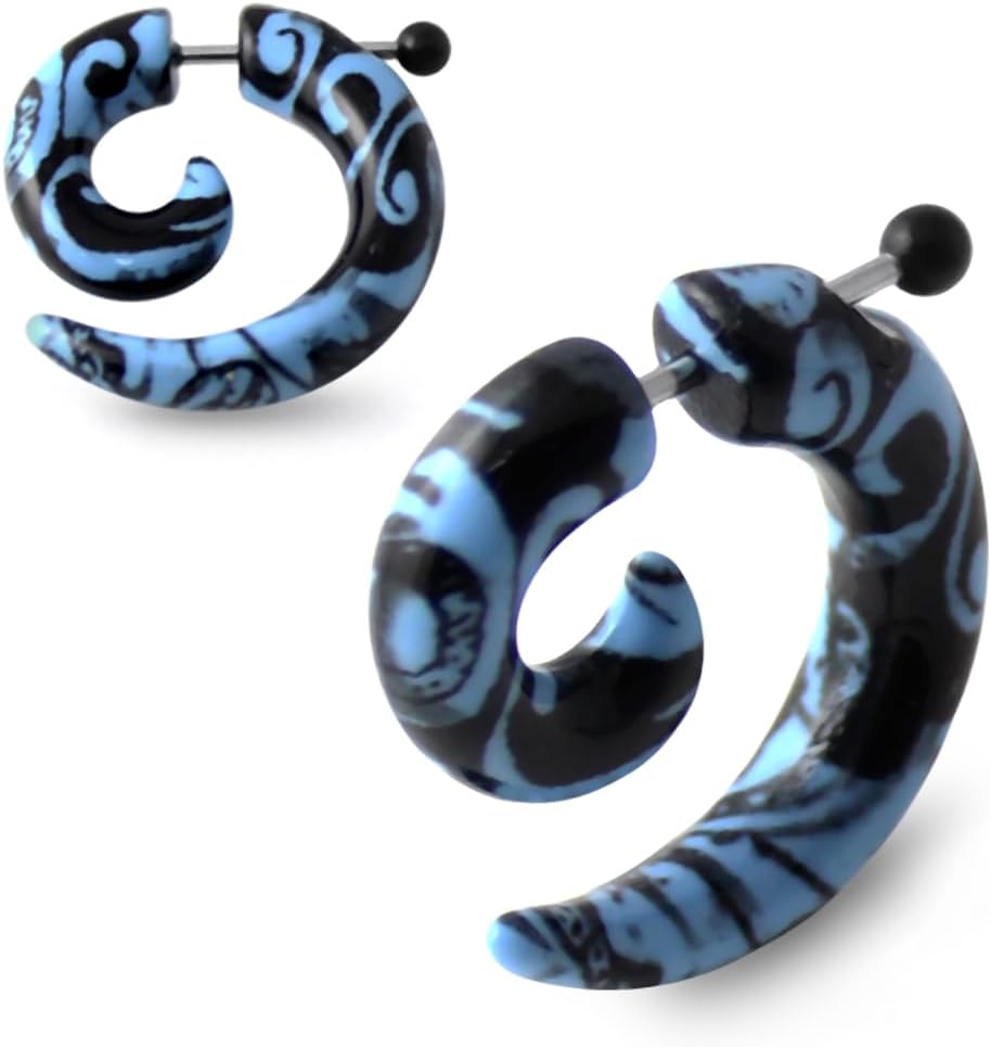 Black Tribal Tattoo on Light Blue Spiral UV Acrylic with 16 Gauge 316L Surgical Steel Fake Ear plug - Fauxs Plug - Gauge Earring Body Piercing Jewelry