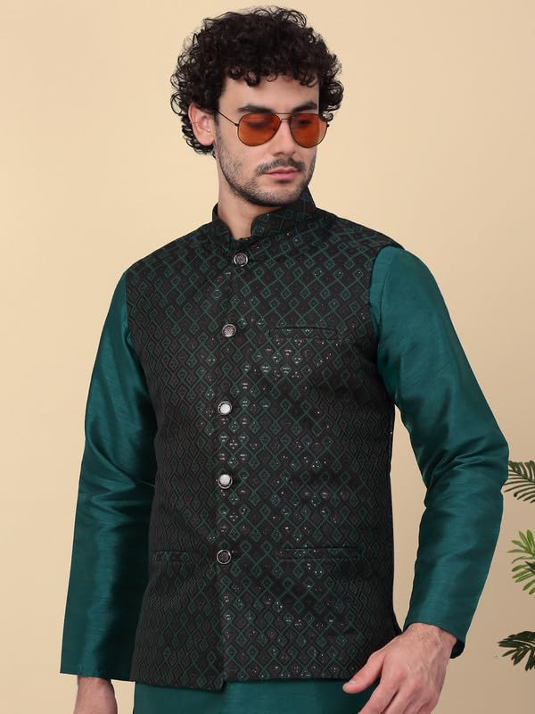 Image of KRAFT INDIA Men's Embroidered Sequins Jacquard Nehru Jacket