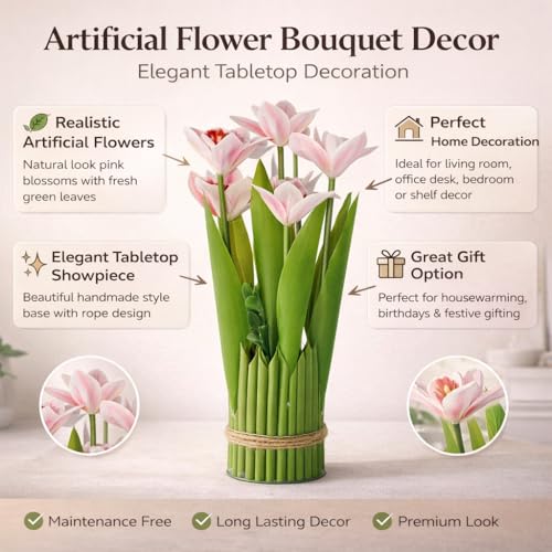 Image of CraftVatika White Pink Orchid Artificial Flower Bouquet Decor, Realistic Orchid Flowers Bouquet Gift for Girls Faux Flowers for Table, Home Living Room Desk Decor, Wedding Anniversary Birthday Gift