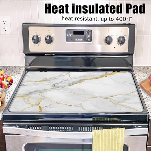 Image of White Gold Marble Stove Top Covers for Electric Stove,Modern Glass Top Stove Cover, Heat Resistant Range Covers for Electric Stove,Washable Countertop Mat, 28 x 20 Inch